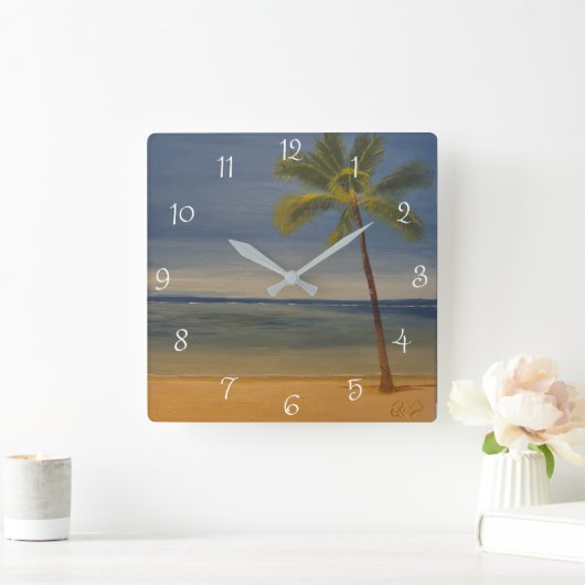 Lone Palm Tree am Strand, von Gary Poling Quadratische Wanduhr (Zuhause)
