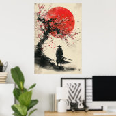 Lone Samurai – Red Sun Japanese Ink Art Poster (Heimbüro)