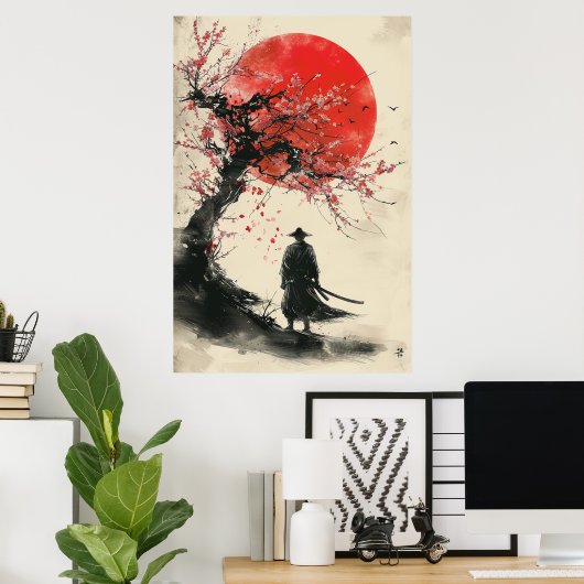Lone Samurai – Red Sun Japanese Ink Art Poster (Heimbüro)
