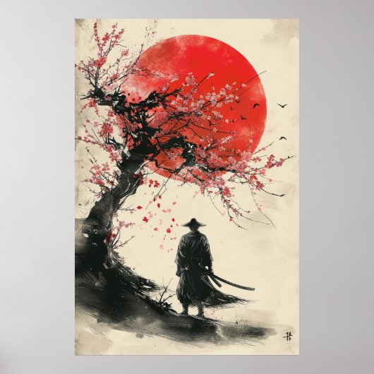 Lone Samurai – Red Sun Japanese Ink Art Poster (Vorne)