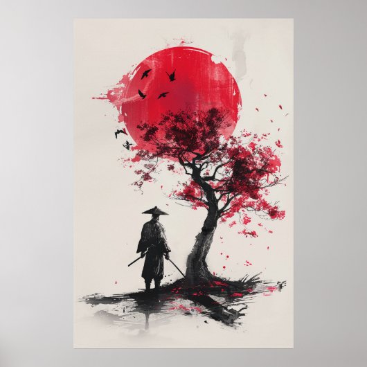  Lone Samurai – Red Sun Japanese Ink Art Poster (Vorne)
