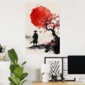 Lone Samurai – Red Sun Japanese Ink Art Poster (Heimbüro)