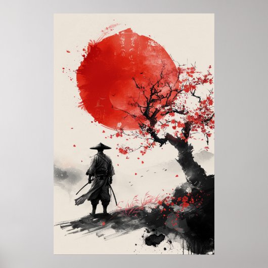 Lone Samurai – Red Sun Japanese Ink Art Poster (Vorne)