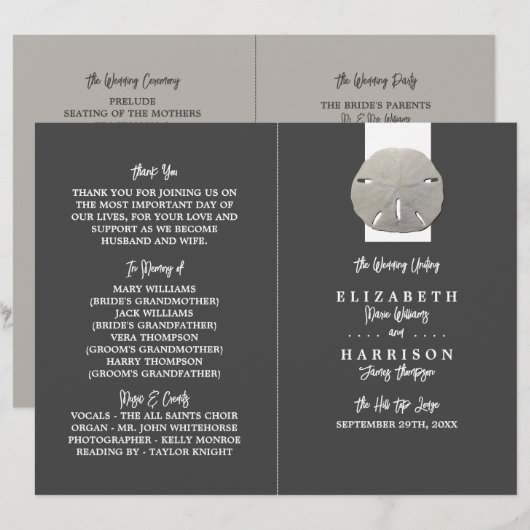 Lone Sand Dollar, Charcoal Gray, Hochzeitsprogramm (Vorne/Hinten)