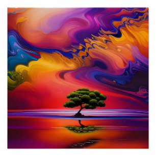 Lone Tree in Water bunter Himmel Poster
