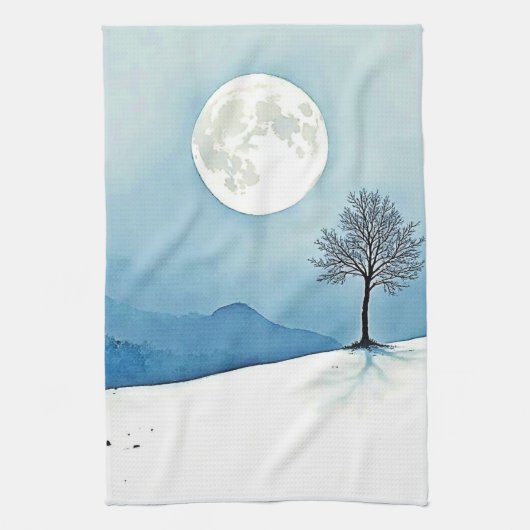 Lone Tree: Serene Full Moon Silence Art Geschirrtuch (Vertikal)