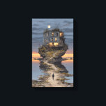 Lone Walker Surreal Floating Ruin Moon Leinwanddruck<br><div class="desc">A solitary figure in a dark suit strides along a narrow path of cracked earth toward a decaying multi-story building that impossibly crowns a jagged floating island. Warm golden light spills from broken windows and an occupied balcony, while wildflowers, overgrown weeds, and bare twisted trees cling to the rocky edges....</div>