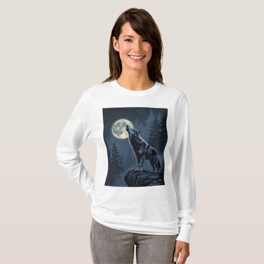 Lone Wolf Howling at the Moon Night Forest Art T-Shirt (Vorne ganz)
