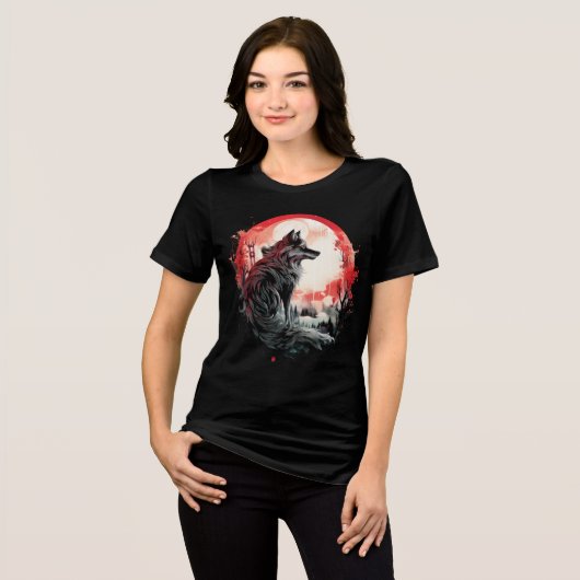 Lone Wolf Under Moon – Red Forest Art Tri-Blend Shirt (Vorderseite voll)