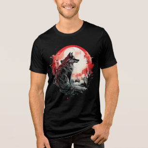 Lone Wolf Under Moon – Red Forest Art Tri-Blend Shirt