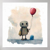 "Lonely Robot with Balloon" - Aquarellmalerei Poster (Vorne)