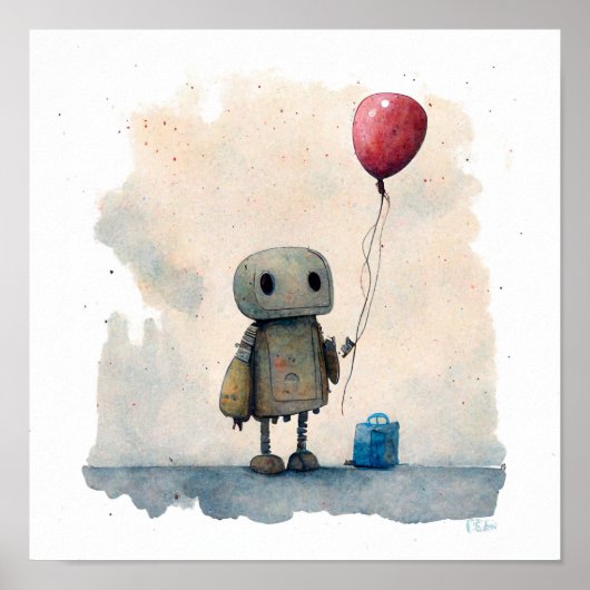 "Lonely Robot with Balloon" - Aquarellmalerei Poster (Vorne)