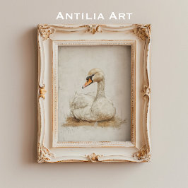 Lonely Swan Painting Moody Rustic Bird Poster