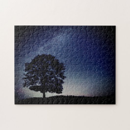 Lonely Tree on Hill Starry Night Sky Scene Puzzle (Horizontal)