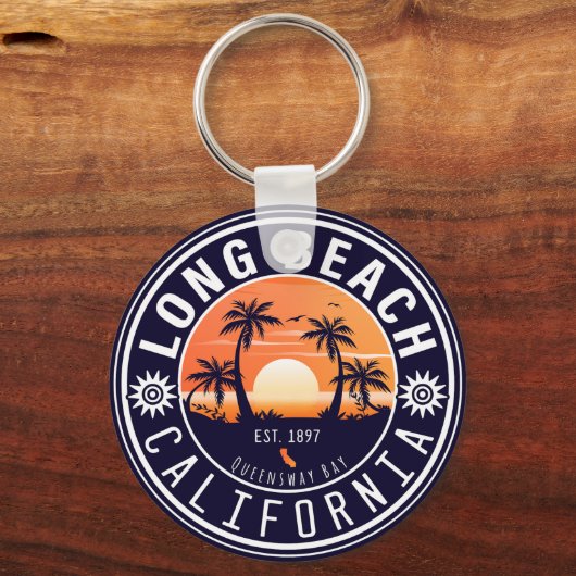 Long Beach Ca Palm Tree Retro Sunset Souvenir 60er Schlüsselanhänger (Rückseite)