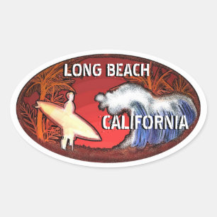 Long Beach California Surfer Wellen Kunst Aufklebe Ovaler Aufkleber