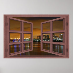 Long Beach Skyline bei Night Open Window Poster