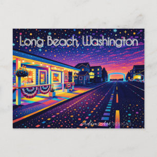 Long Beach Washington Neon-Nachtstraßenszene Feiertagspostkarte