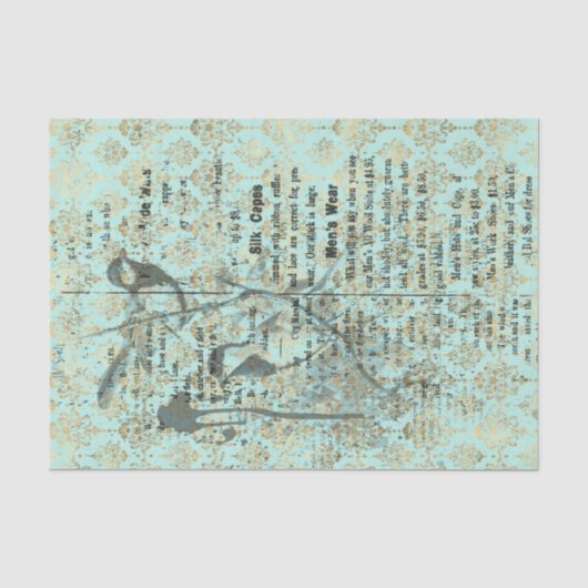 Long French Vintag Aquamarin Bird Seidenpapier (Vorderseite)