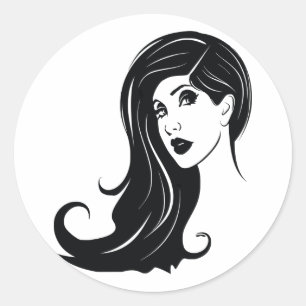 Long Hair Beautiful Woman Fashion Art Runder Aufkleber