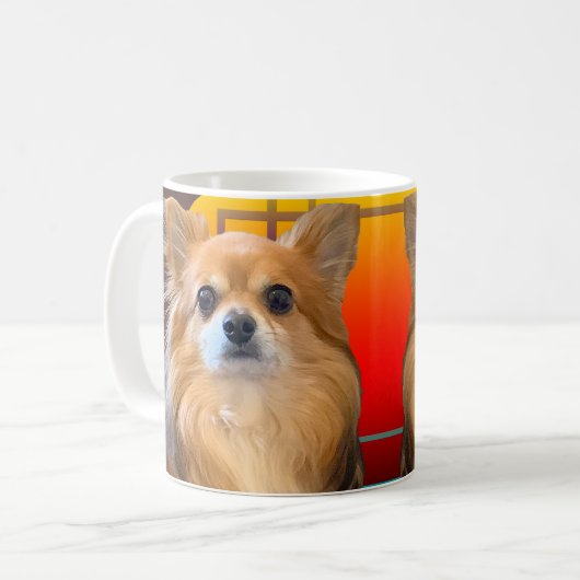 Long Hair Chihuahua genannt Dylan Kaffeetasse (Vorderseite Links)