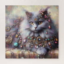 Long Hair Gray Cat w/Juwels Gemstones Malerei
