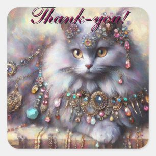 Long Hair Gray Nebelung Cat Kitty Jewelry Juwelen Quadratischer Aufkleber