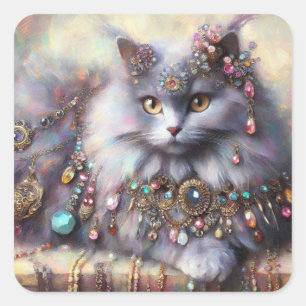 Long Hair Gray Nebelung Cat Kitty Jewelry Juwelen Quadratischer Aufkleber