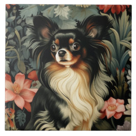 Long Hair Tricolor Chihuahua im Vintagen Garten Fliese