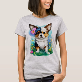 Long Haired Chihuahua Floral Watercolor Garden  T-Shirt