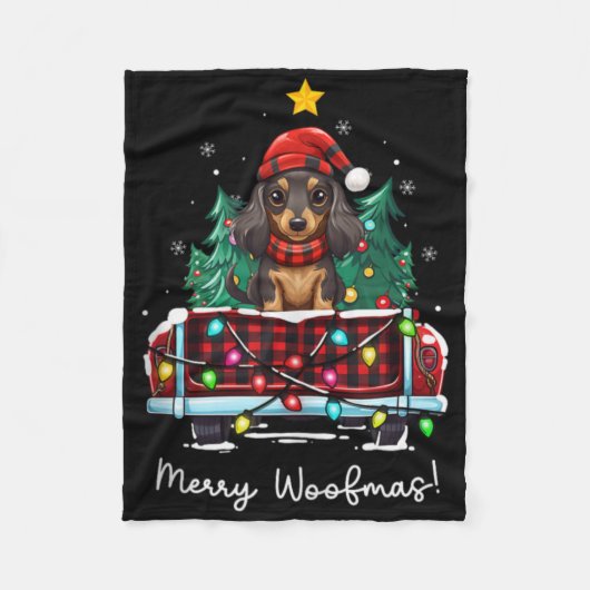 Long Haired Dachshund Christmas Dog Truck Plaid Fu Fleecedecke (Vorderseite)