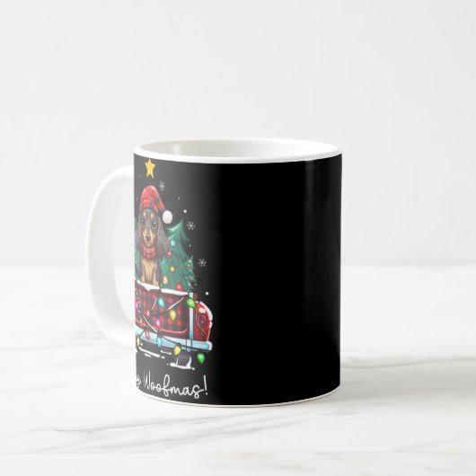 Long Haired Dachshund Christmas Dog Truck Plaid Fu Kaffeetasse (Vorderseite Links)