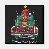 Long Haired Dachshund Christmas Dog Truck Plaid Fu Magnet (Vorne)