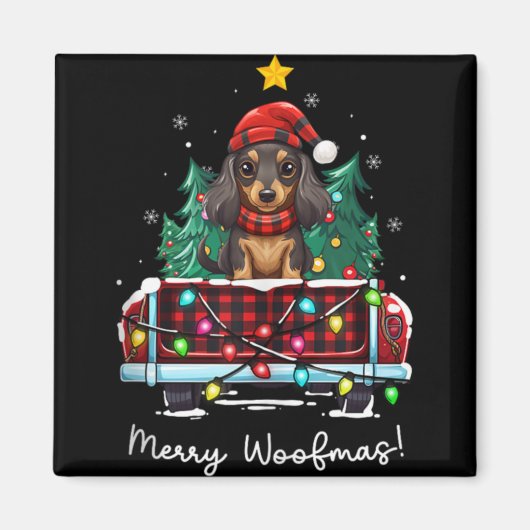 Long Haired Dachshund Christmas Dog Truck Plaid Fu Magnet (Vorne)