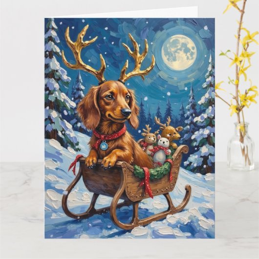 Long-Haired Dachshund Reindeer Sleigh Karte (Gelbe Blume)