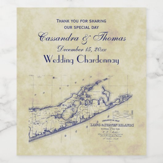Long Island The Hamptons Map, gestörte BG #3 Weinetikett (Einzelnes Label)