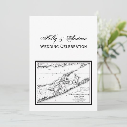 Long Island The Hamptons Map VC Wedding Black Einladung (Stehend Vorderseite)