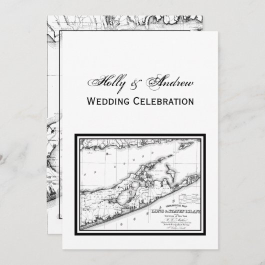 Long Island The Hamptons Map VC Wedding Black Einladung (Vorne/Hinten)