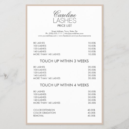 Long Lash Extensions Cream Borded Price List Flyer (Vorne)