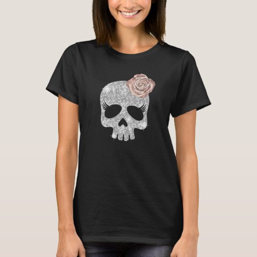Long Lash Silver Glitzer Skull Beauty Rose Blume T-Shirt (Vorderseite)
