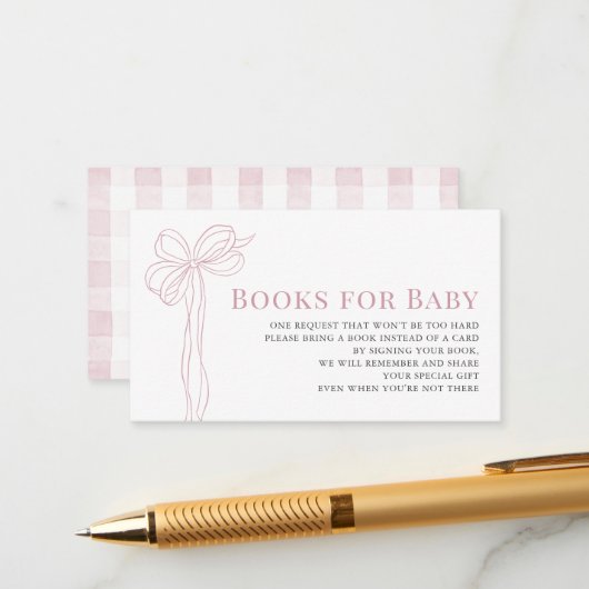 Long Pink Bow Ribbon Girl Baby Shower Book Request Begleitkarte (Vorderseite/Rückseite Beispiel)