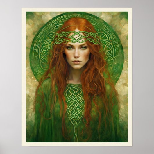 Long Red Hair Green Celtic Knot Headband Frau Poster (Vorne)