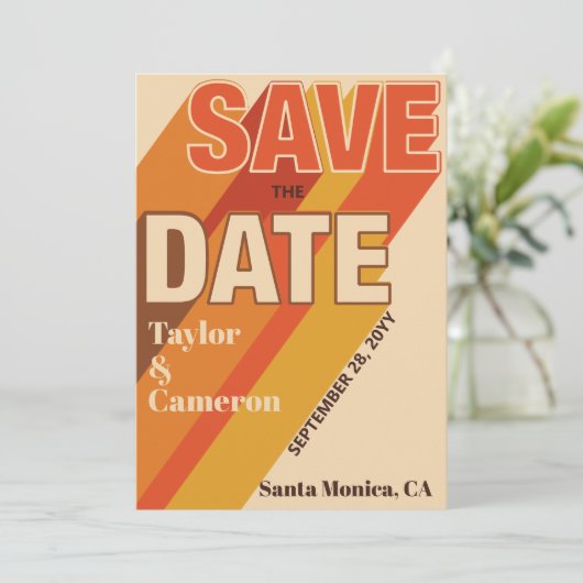 Long Shadow Groovy Orange und Brown Wedge Save The Date (Stehend Vorderseite)