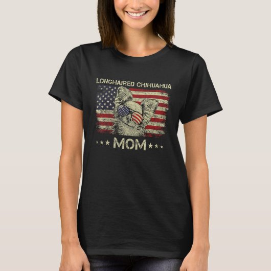 Longhaired Chihuahua Mom Dog  American Flag 4th Of T-Shirt (Vorderseite)