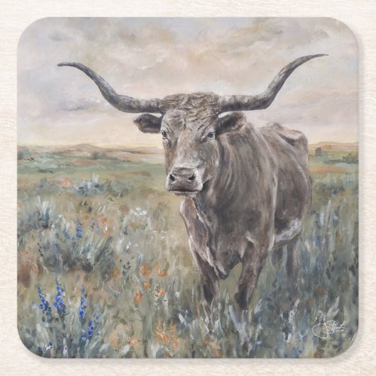 "Longhorn" handbemalt Rechteckiger Pappuntersetzer (Vorderseite)