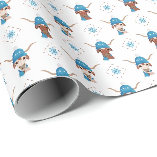 Longhorn in hellblauer Skispitze und Muster Scarf Geschenkpapier (Rolleneckpunkt)