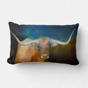 Longhorn Kuh Kunst auf blau und braun Lendenkissen