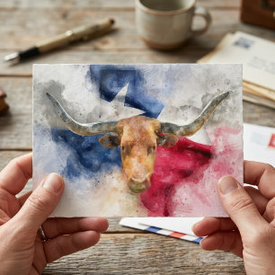 Longhorn Kuh mit Texas Flag Karte Wasserfarbe