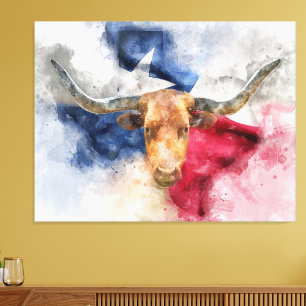 Longhorn Kuh mit Texas Flag Karte Wasserfarbe Fotodruck