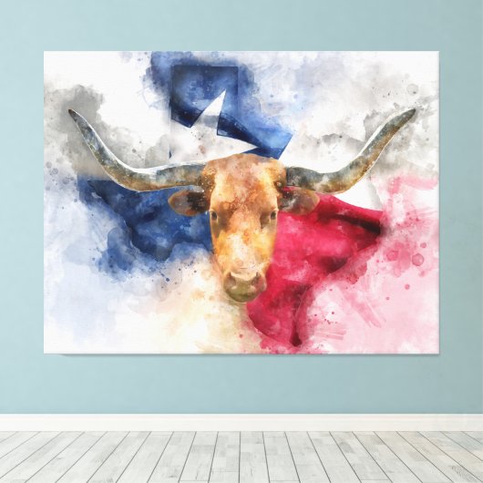Longhorn Kuh mit Texas Flag Karte Wasserfarbe Leinwanddruck (Insitu (Holzboden))